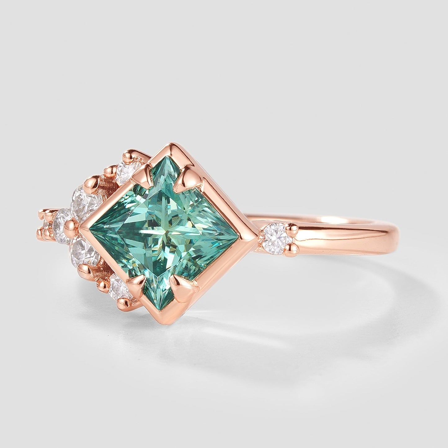 Unique Princess Cut Green Moissanite Engagement Ring
