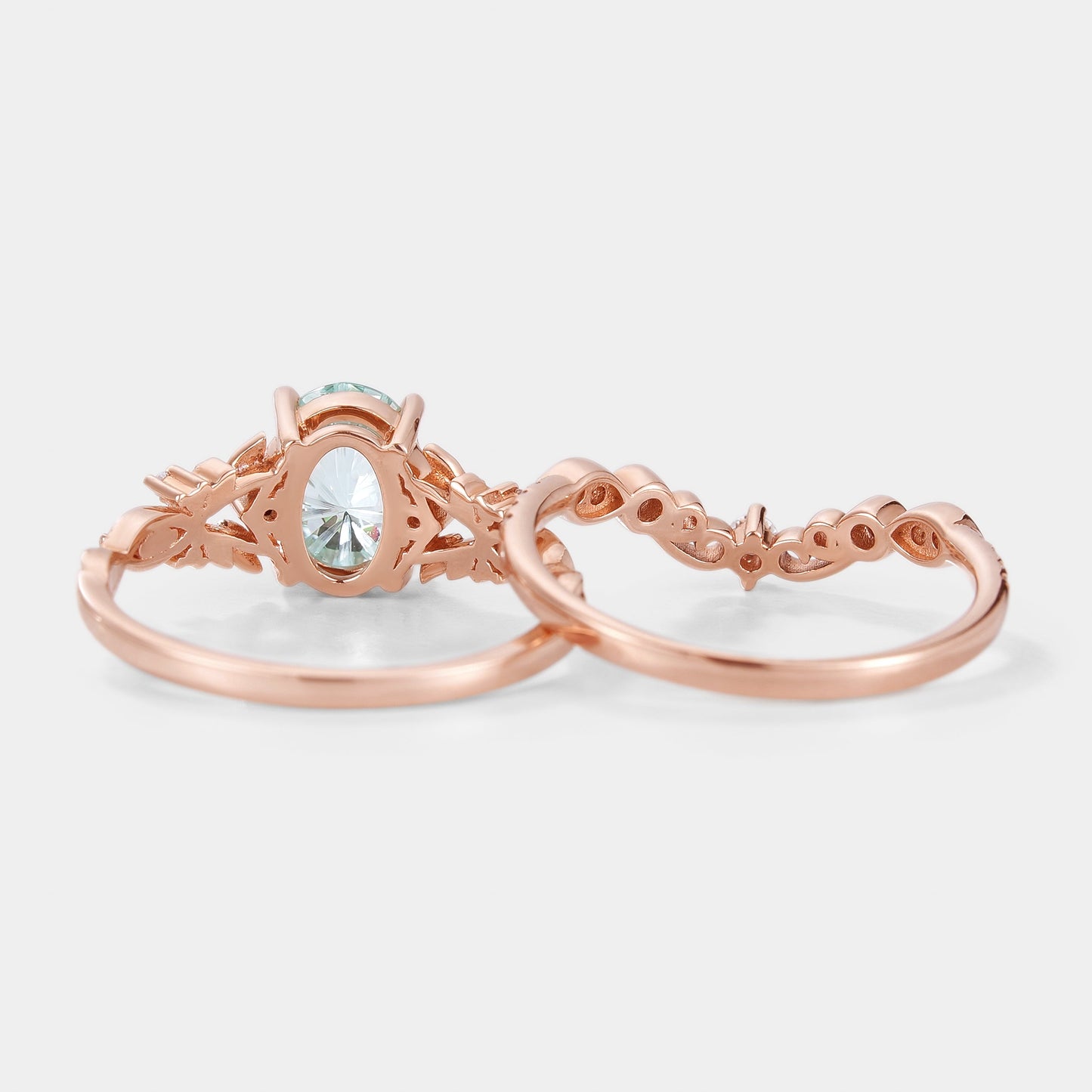 Unique Firework Cut Aquamarine Leaf Engagement Ring Set 2pcs