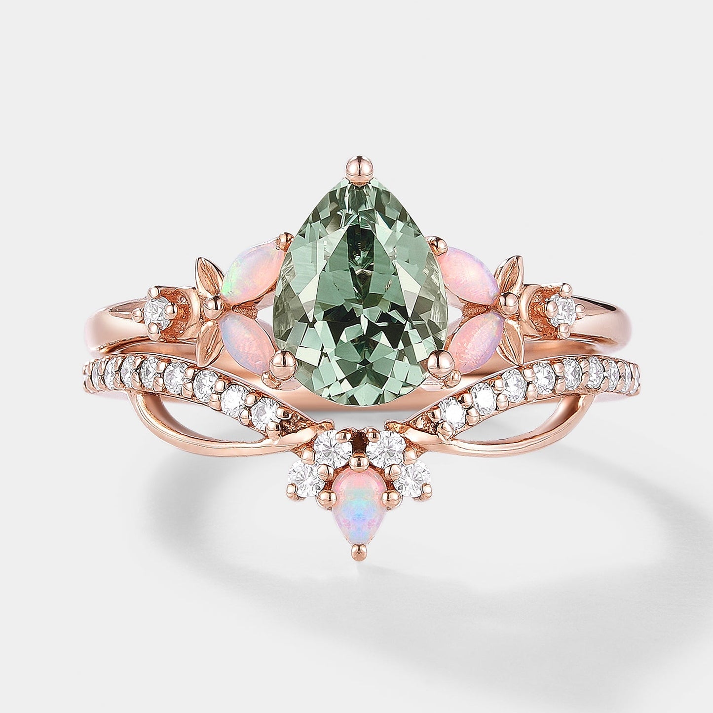 Lab Green Sapphire Flower Opal Engagement Ring Set 2pcs