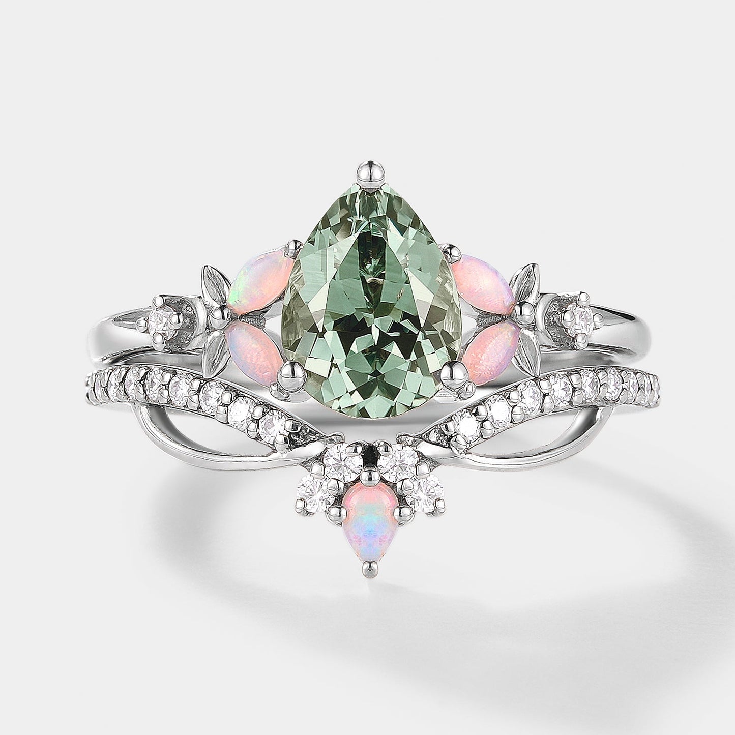 Lab Green Sapphire Flower Opal Engagement Ring Set 2pcs
