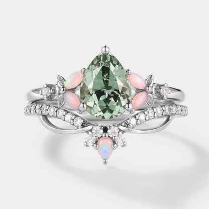 Lab Green Sapphire Flower Opal Engagement Ring Set 2pcs