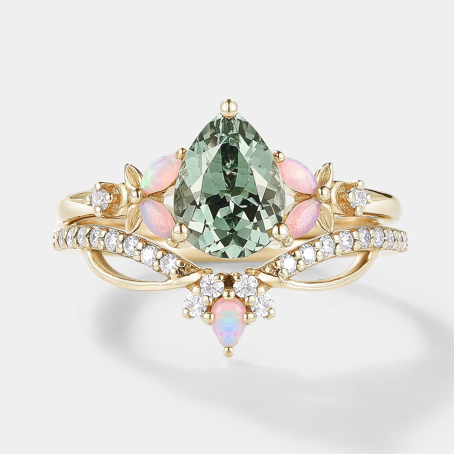Lab Green Sapphire Flower Opal Engagement Ring Set 2pcs