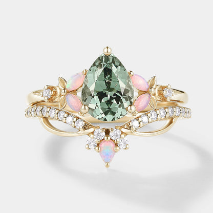 Lab Green Sapphire Flower Opal Engagement Ring Set 2pcs