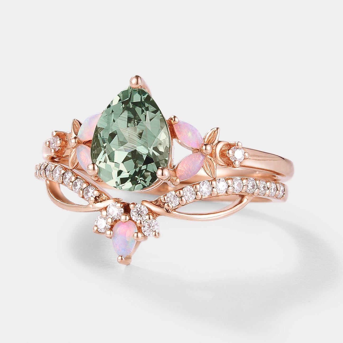 Lab Green Sapphire Flower Opal Engagement Ring Set 2pcs