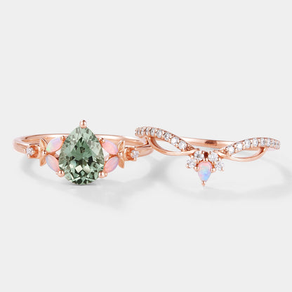 Lab Green Sapphire Flower Opal Engagement Ring Set 2pcs