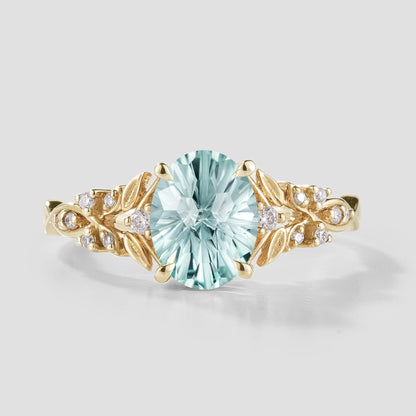 Oval Cut Aquamarine Leaf Engagement Ring