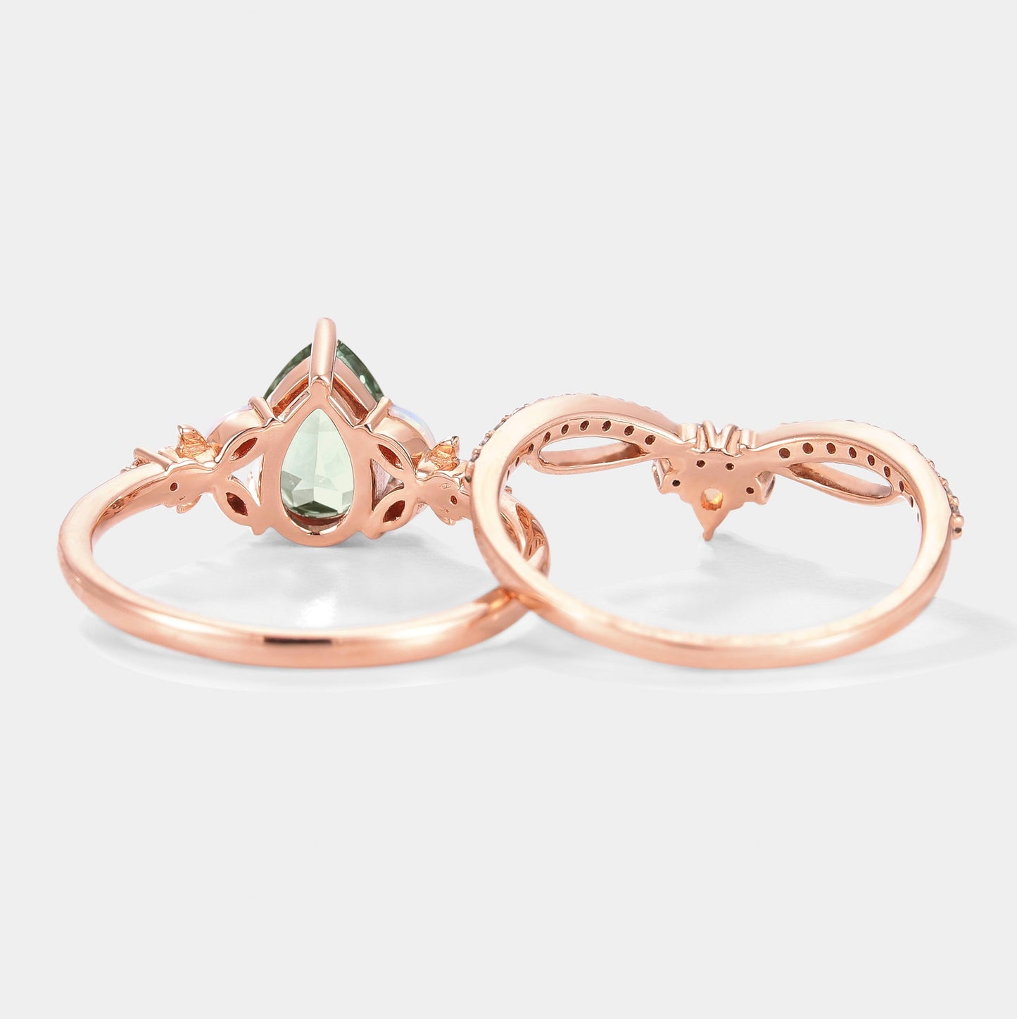 Lab Green Sapphire Flower Opal Engagement Ring Set 2pcs