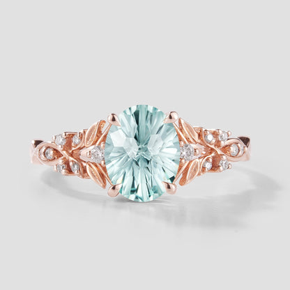 Oval Cut Aquamarine Leaf Engagement Ring