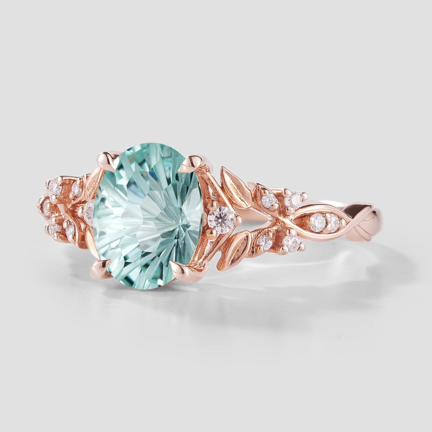 Oval Cut Aquamarine Leaf Engagement Ring