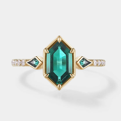 Unique Long Hexagon Cut Lab Emerald Engagement Ring