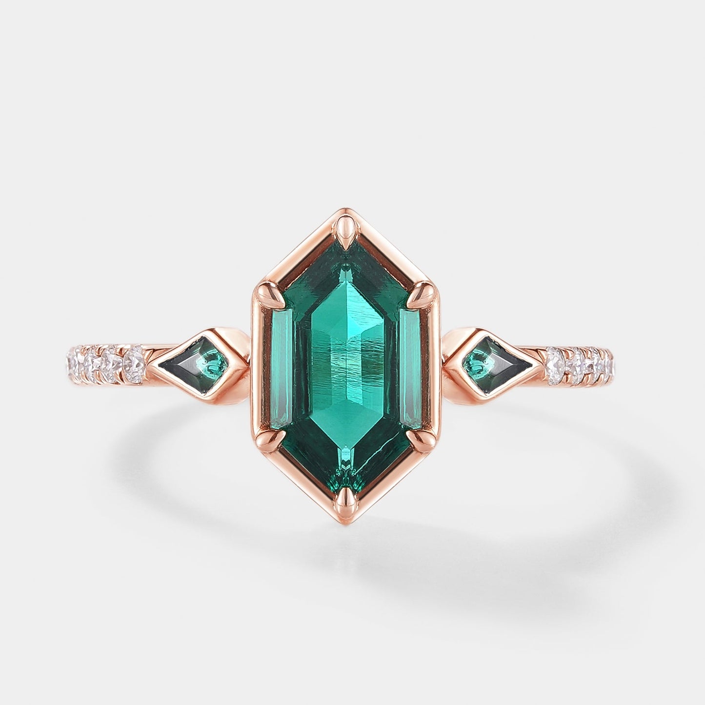 Unique Long Hexagon Cut Lab Emerald Engagement Ring