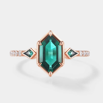 Unique Long Hexagon Cut Lab Emerald Engagement Ring