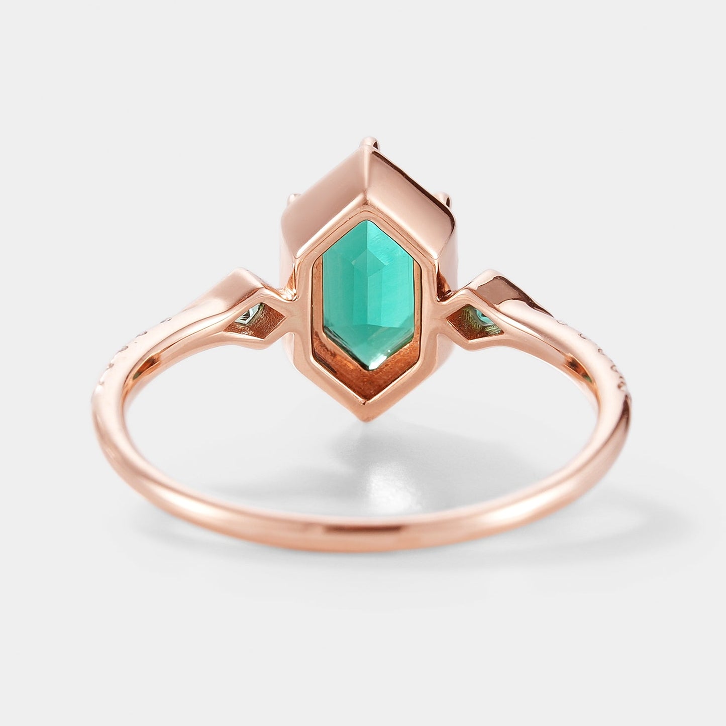Unique Long Hexagon Cut Lab Emerald Engagement Ring