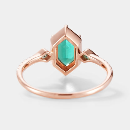 Unique Long Hexagon Cut Lab Emerald Engagement Ring