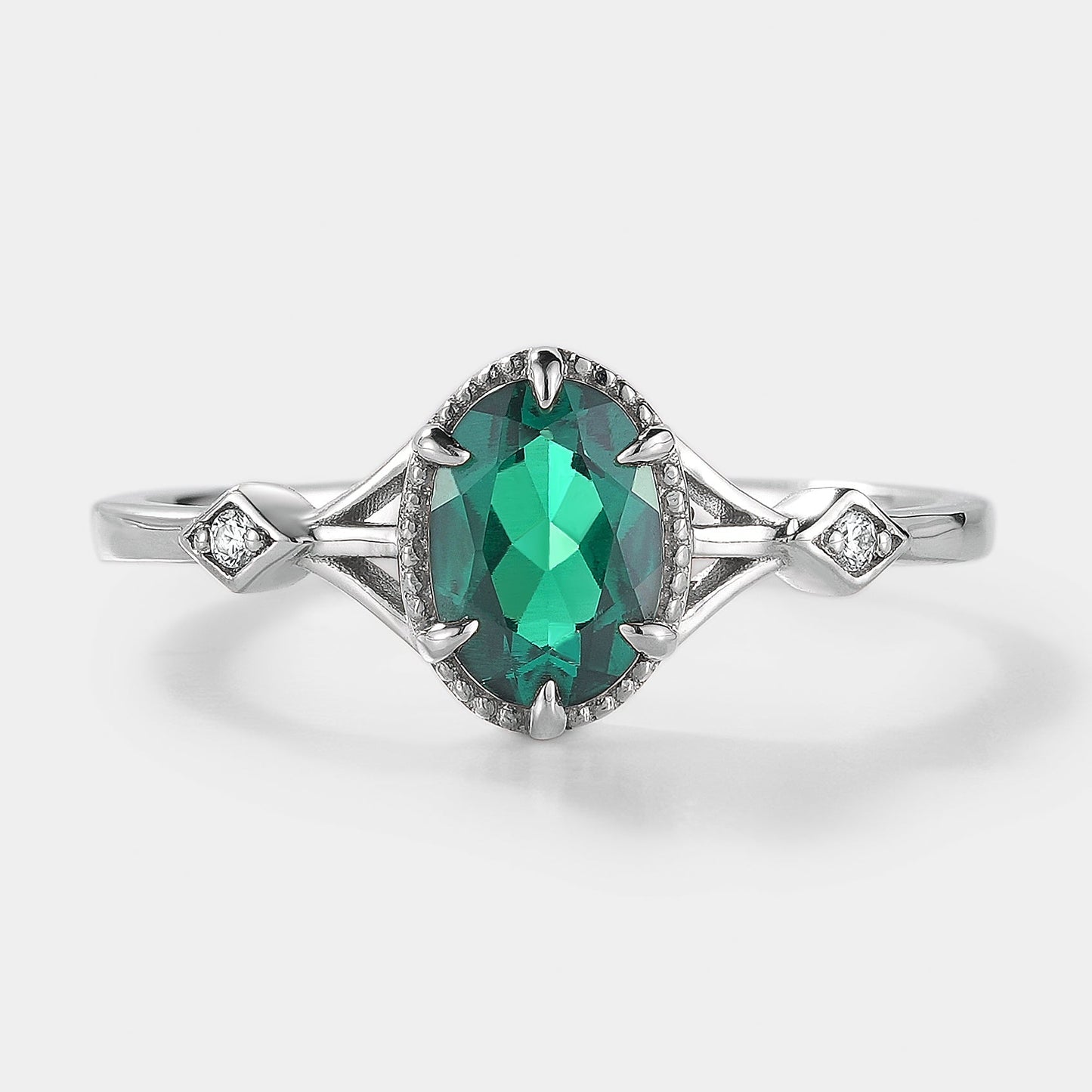Classic Oval Cut Lab Created Emerald Engagement Ring
