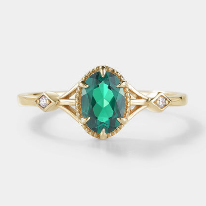 Classic Oval Cut Lab Created Emerald Engagement Ring