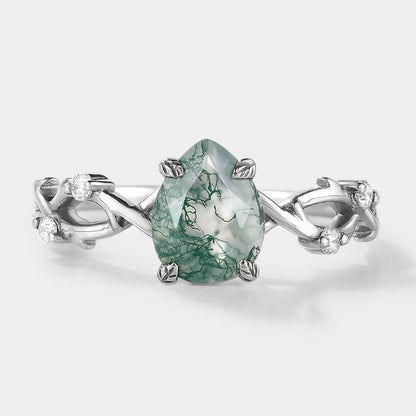 Pear Cut Moss Agate Vine Leaf Engagement Ring