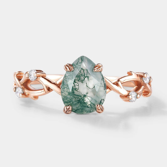Pear Cut Moss Agate Vine Leaf Engagement Ring