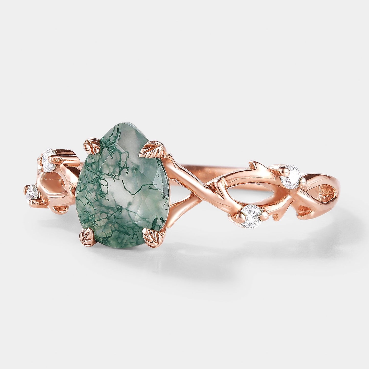 Pear Cut Moss Agate Vine Leaf Engagement Ring