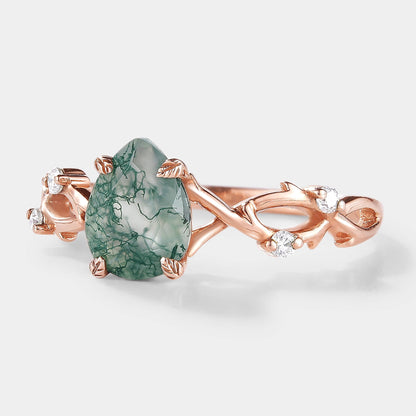 Pear Cut Moss Agate Vine Leaf Engagement Ring