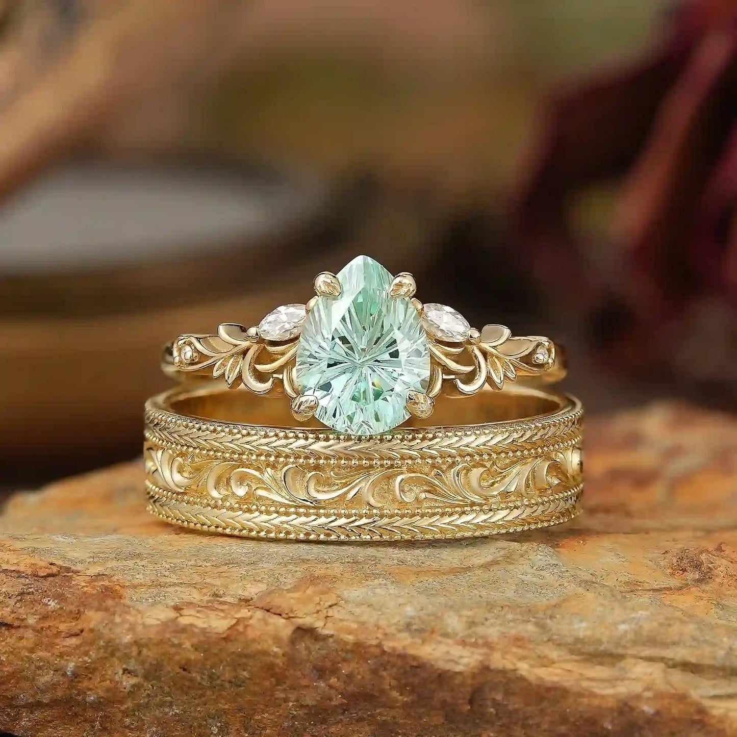 Sparkle Cut Green Sapphire Olive Branch Inspired Couple Ring Set - Rene & Bradley