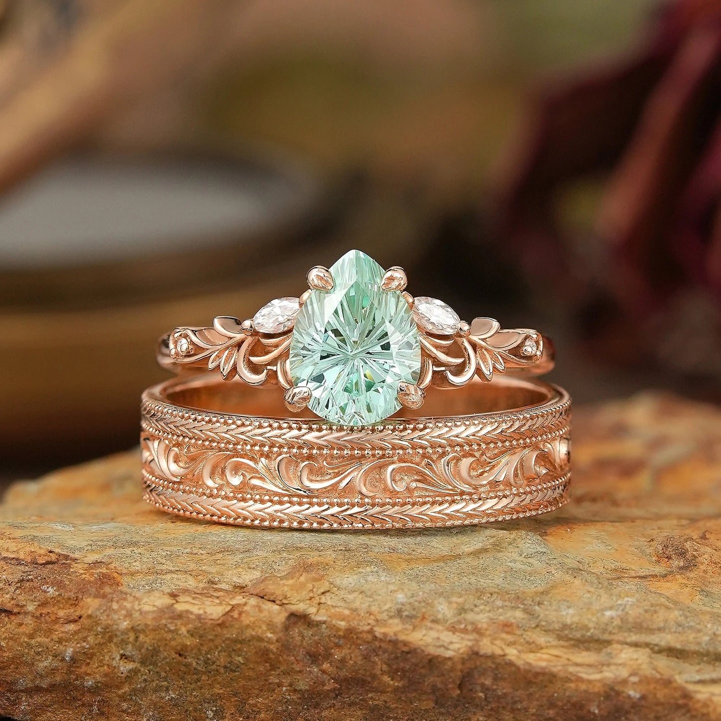 Sparkle Cut Green Sapphire Olive Branch Inspired Couple Ring Set - Rene & Bradley