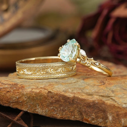 Sparkle Cut Green Sapphire Olive Branch Inspired Couple Ring Set - Rene & Bradley