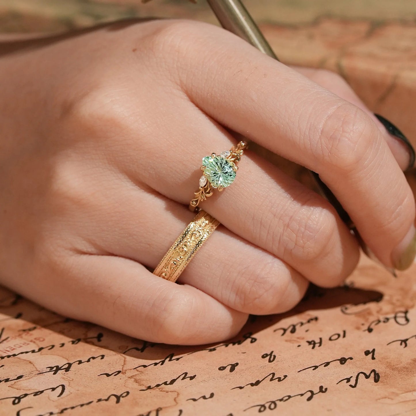 Sparkle Cut Green Sapphire Olive Branch Inspired Couple Ring Set - Rene & Bradley