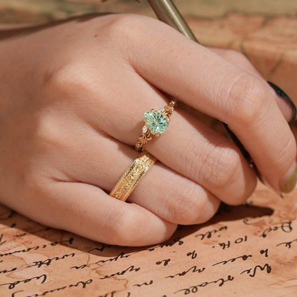 Sparkle Cut Green Sapphire Olive Branch Inspired Couple Ring Set - Rene & Bradley