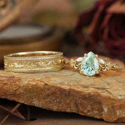 Sparkle Cut Green Sapphire Olive Branch Inspired Couple Ring Set - Rene & Bradley