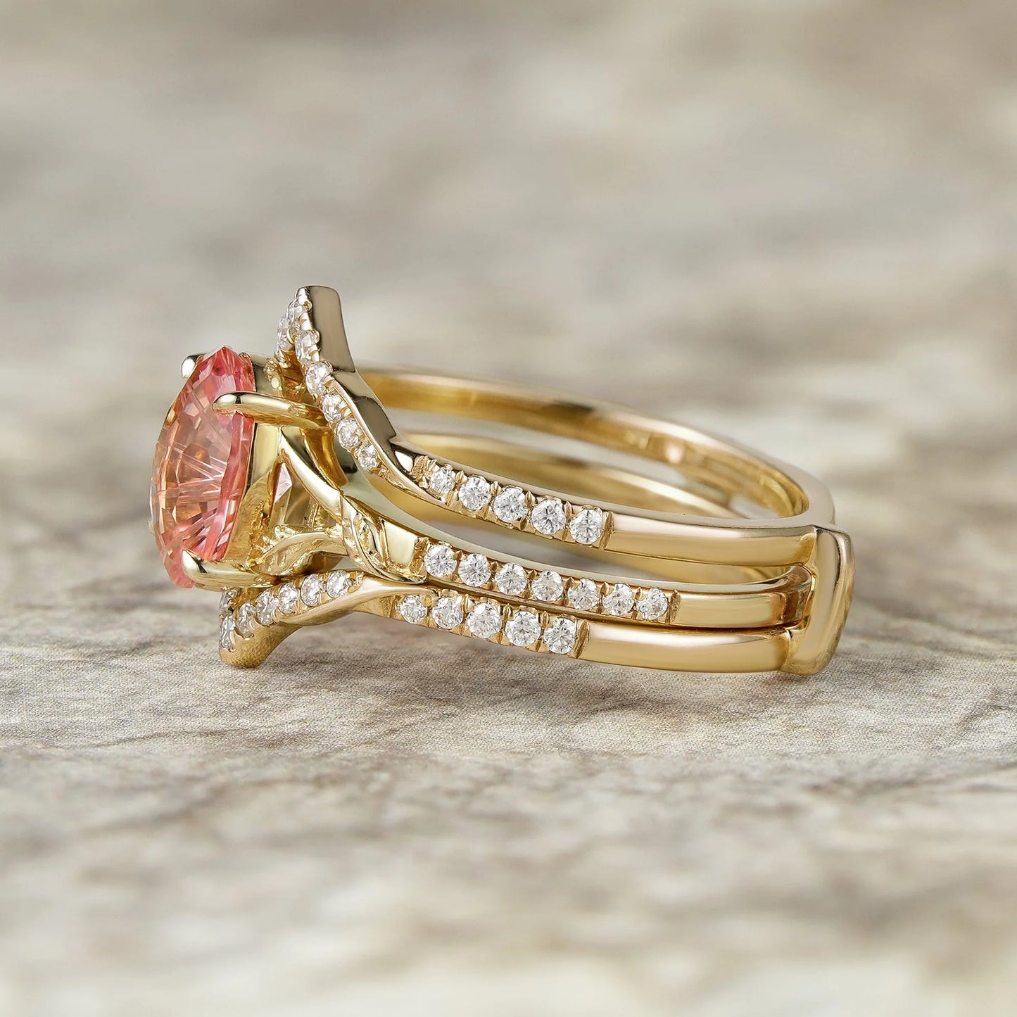 Sparkle-cut Padparadscha Enhancer Ring Set-Tindra