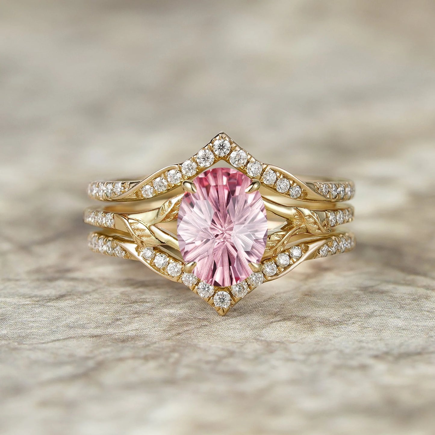 Sparkle-cut Padparadscha Enhancer Ring Set-Tindra