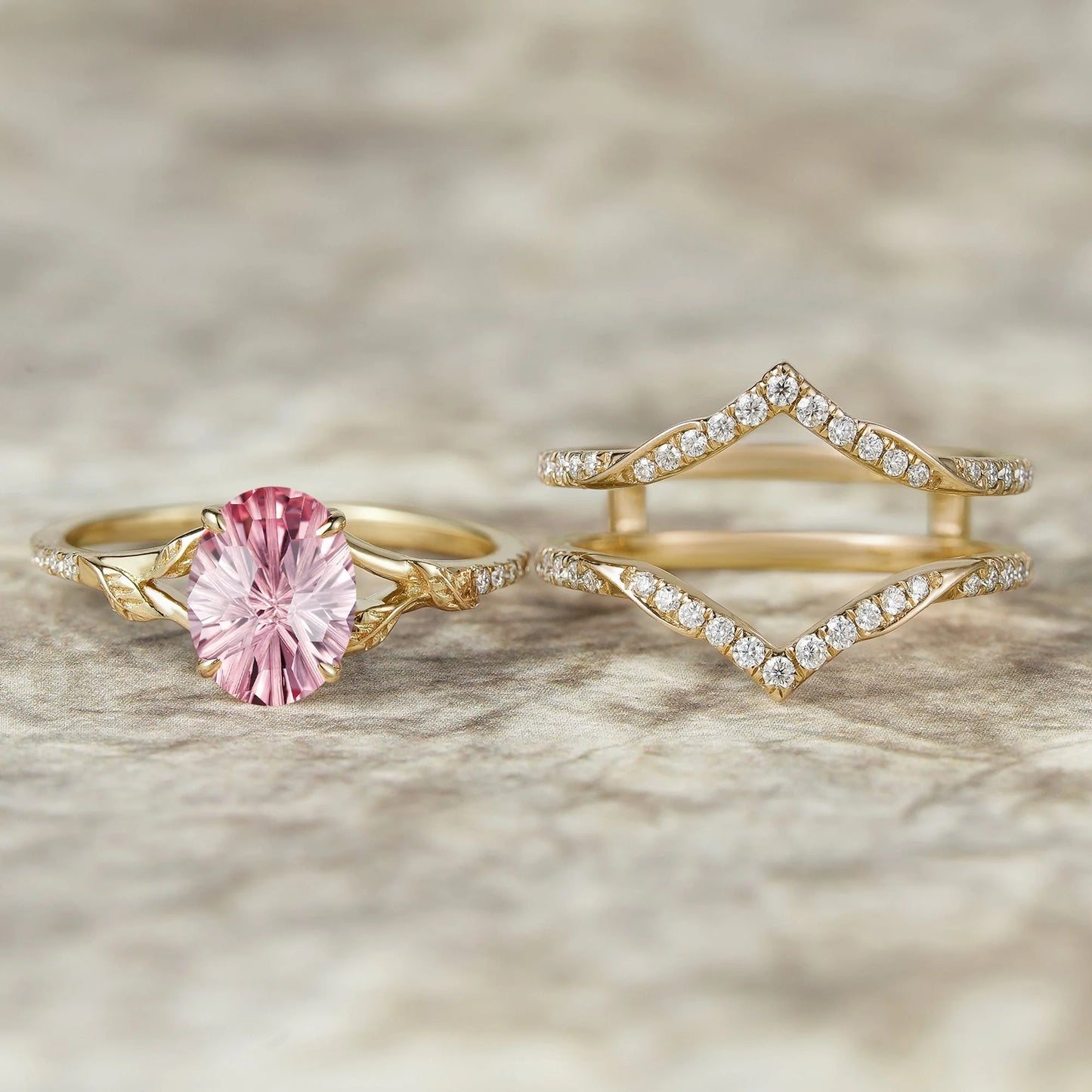 Sparkle-cut Padparadscha Enhancer Ring Set-Tindra