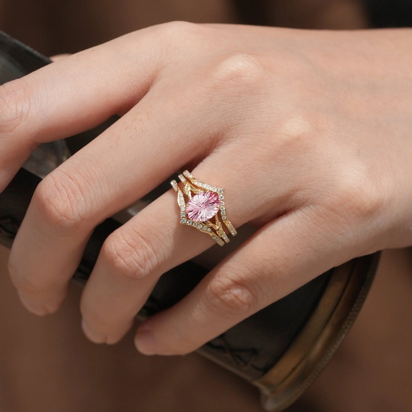 Sparkle-cut Padparadscha Enhancer Ring Set-Tindra