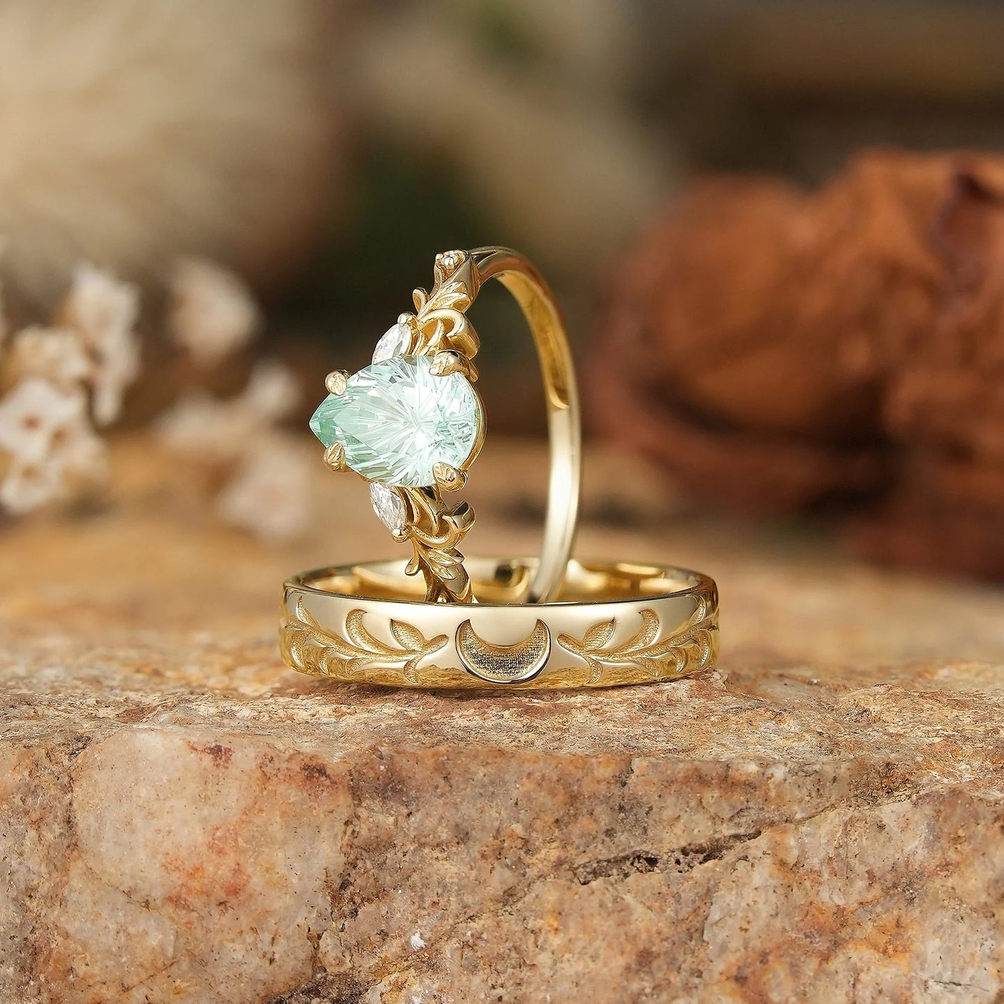 Sparkle Cut Pear Green Sapphire Olive Leaf Inspired And Moon Couple Rings - GemsMagic