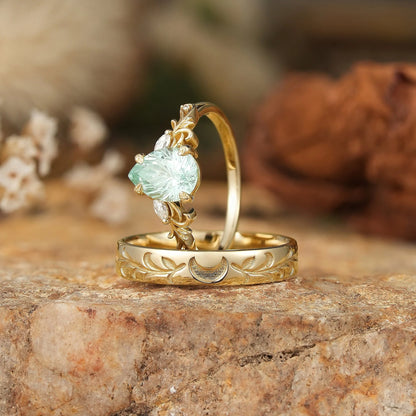 Sparkle Cut Pear Green Sapphire Olive Leaf Inspired And Moon Couple Rings - GemsMagic