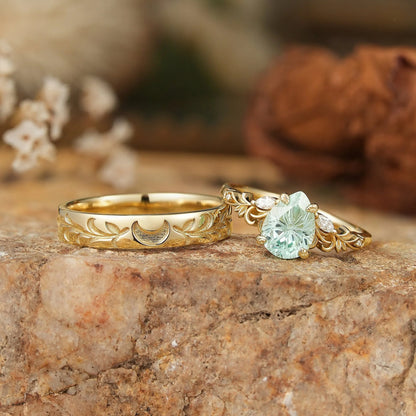 Sparkle Cut Pear Green Sapphire Olive Leaf Inspired And Moon Couple Rings - GemsMagic