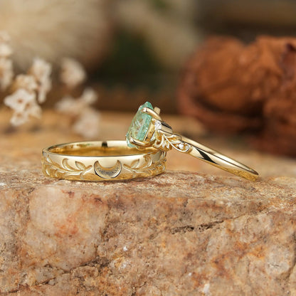 Sparkle Cut Pear Green Sapphire Olive Leaf Inspired And Moon Couple Rings - GemsMagic