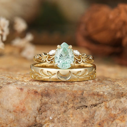 Sparkle Cut Pear Green Sapphire Olive Leaf Inspired And Moon Couple Rings - GemsMagic
