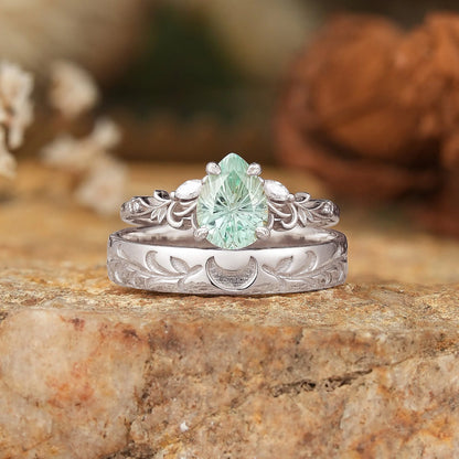 Sparkle Cut Pear Green Sapphire Olive Leaf Inspired And Moon Couple Rings - GemsMagic