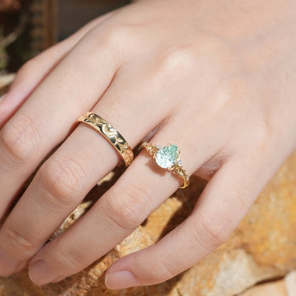 Sparkle Cut Pear Green Sapphire Olive Leaf Inspired And Moon Couple Rings - GemsMagic
