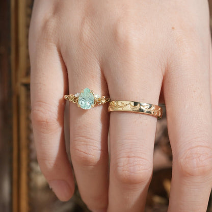 Sparkle Cut Pear Green Sapphire Olive Leaf Inspired And Moon Couple Rings - GemsMagic