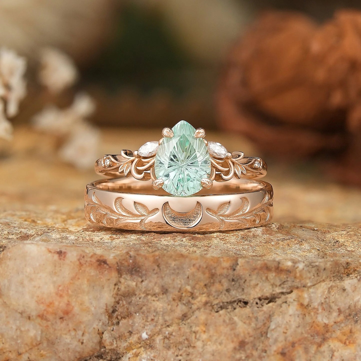 Sparkle Cut Pear Green Sapphire Olive Leaf Inspired And Moon Couple Rings - GemsMagic