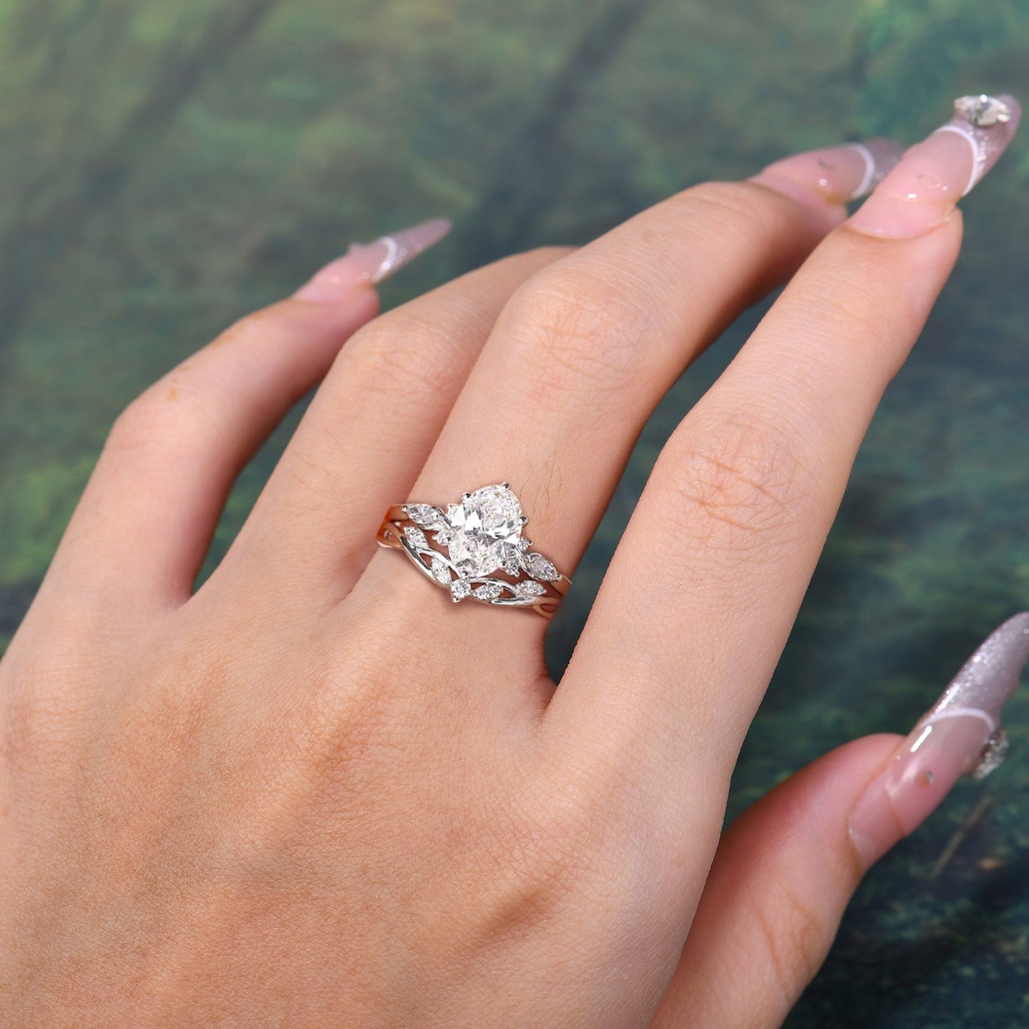Nature Inspired 6 Prong Leaf Oval Cut Moissanite Engagement Ring