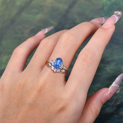 Nature Inspired 6 Prong Leaf Oval Cut Sapphire Engagement Ring