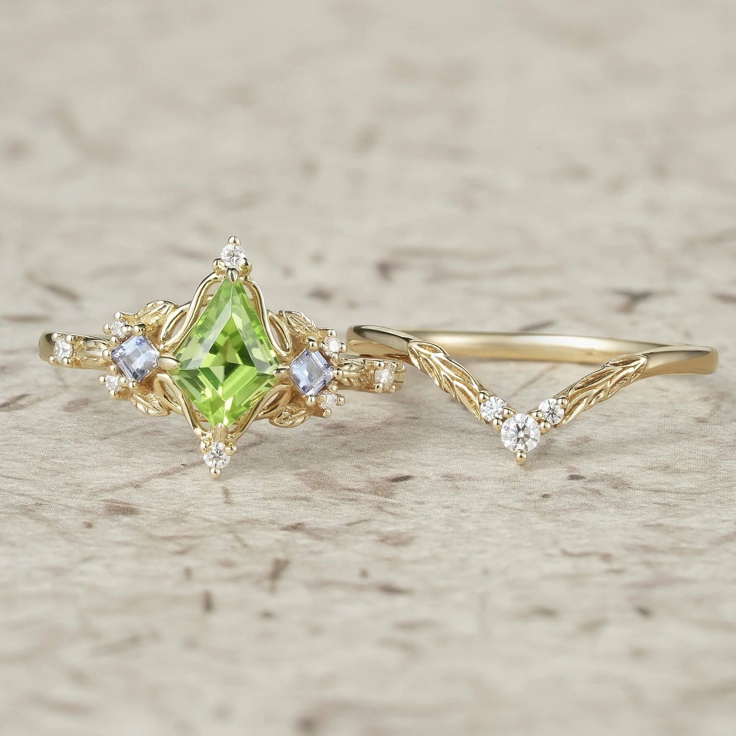 Three-Stone Peridot and Tanzanite Leaf Ring Set-Celestine