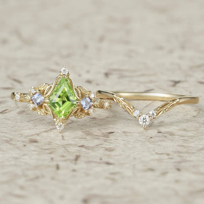 Three-Stone Peridot and Tanzanite Leaf Ring Set-Celestine