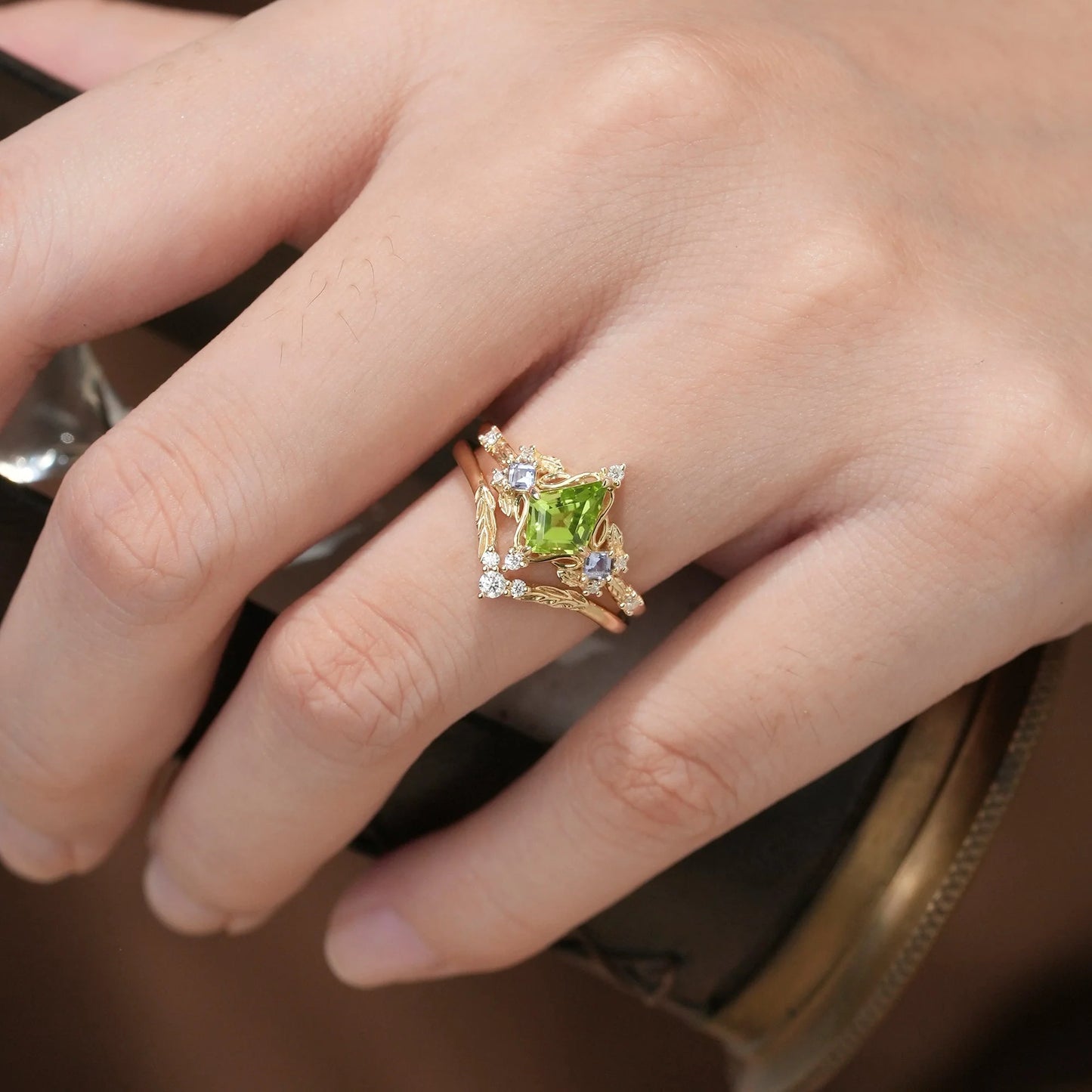 Three-Stone Peridot and Tanzanite Leaf Ring Set-Celestine