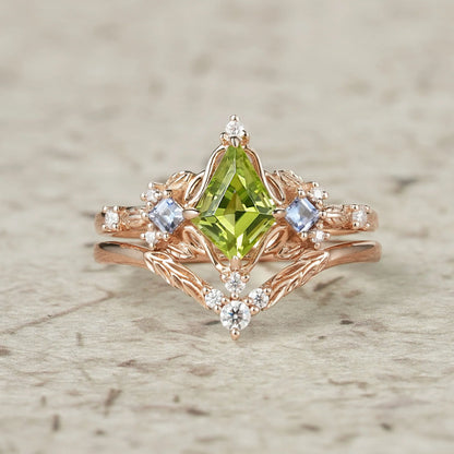 Three-Stone Peridot and Tanzanite Leaf Ring Set-Celestine