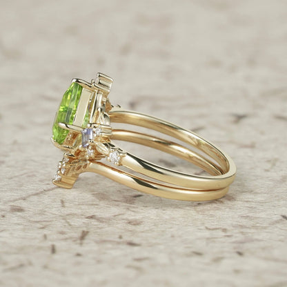 Three-Stone Peridot and Tanzanite Leaf Ring Set-Celestine